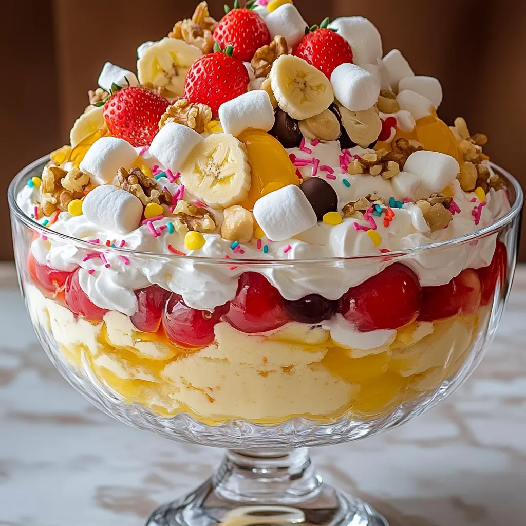 A bowl of fruit salad with bananas, strawberries, and marshmallows.