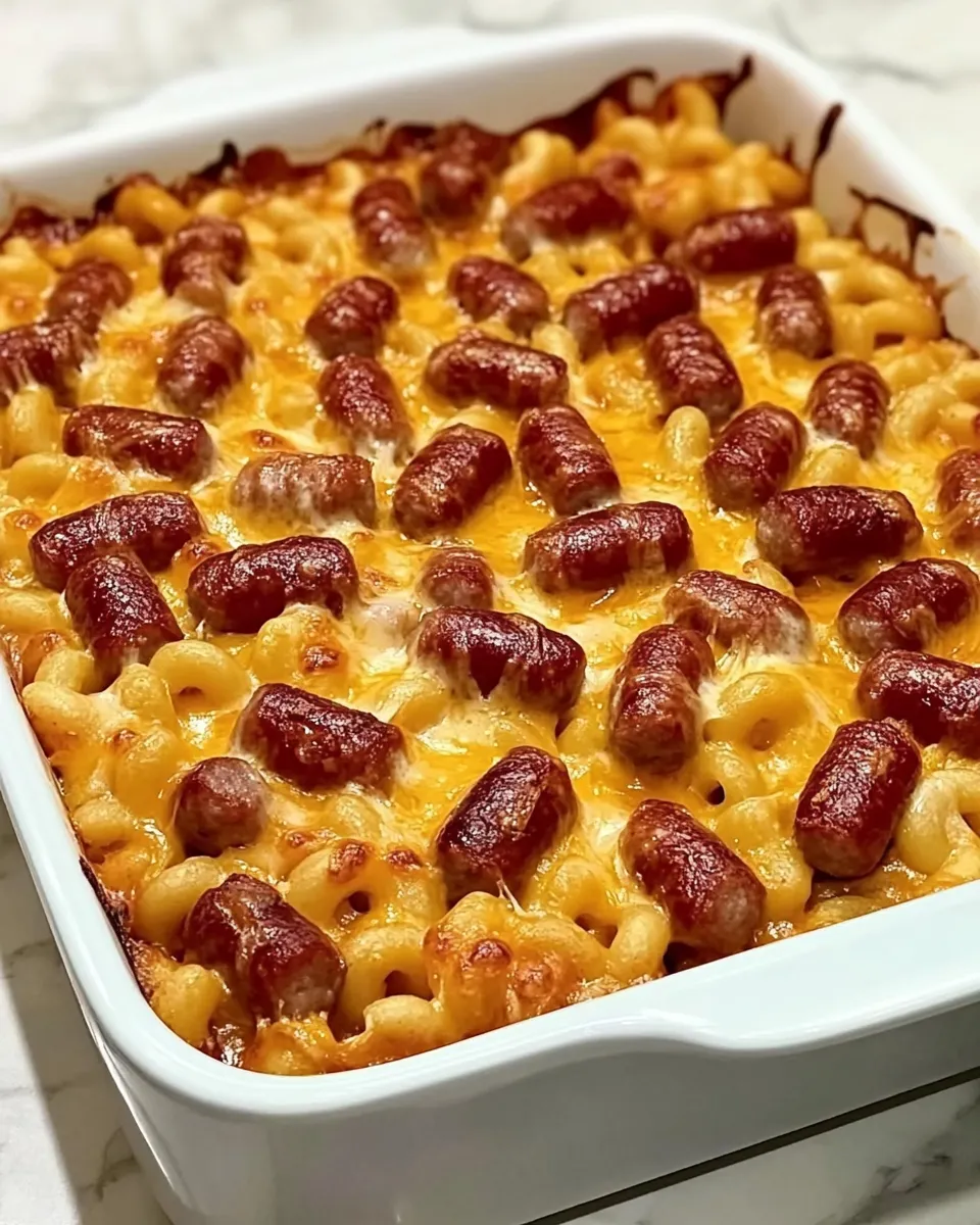 A dish of macaroni and sausage.