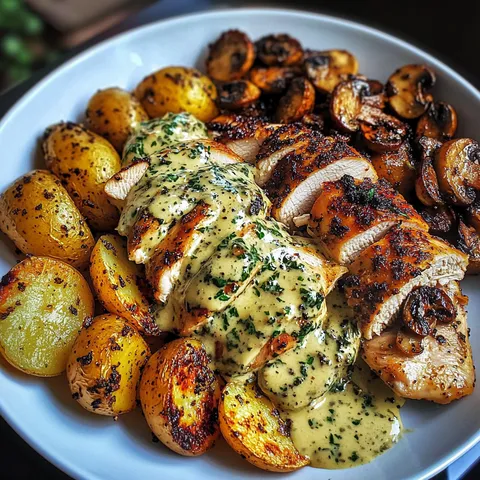 A plate of food with chicken, potatoes and mushrooms.