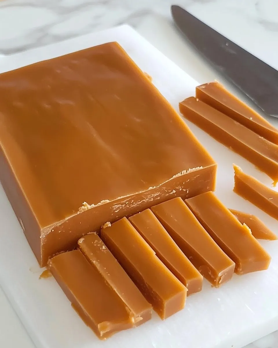A piece of caramel cake on a cutting board.