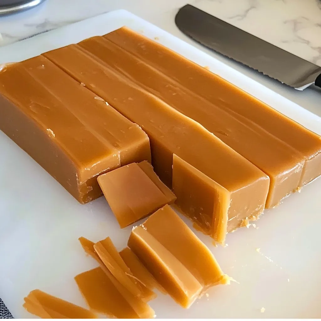 A knife is on a cutting board with a piece of food.