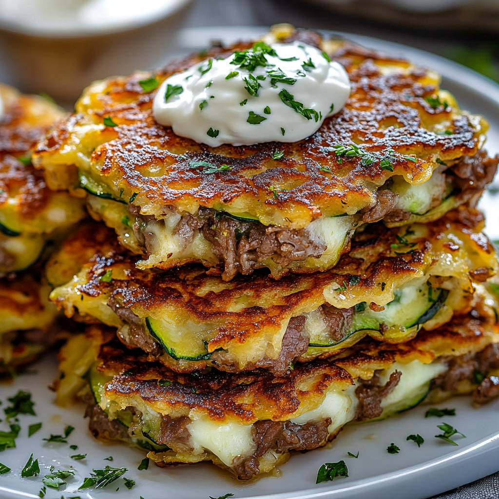 Zucchini Pancakes Stuffed with Beef & Cheddar