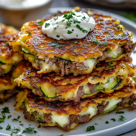 Zucchini Pancakes Stuffed with Beef & Cheddar