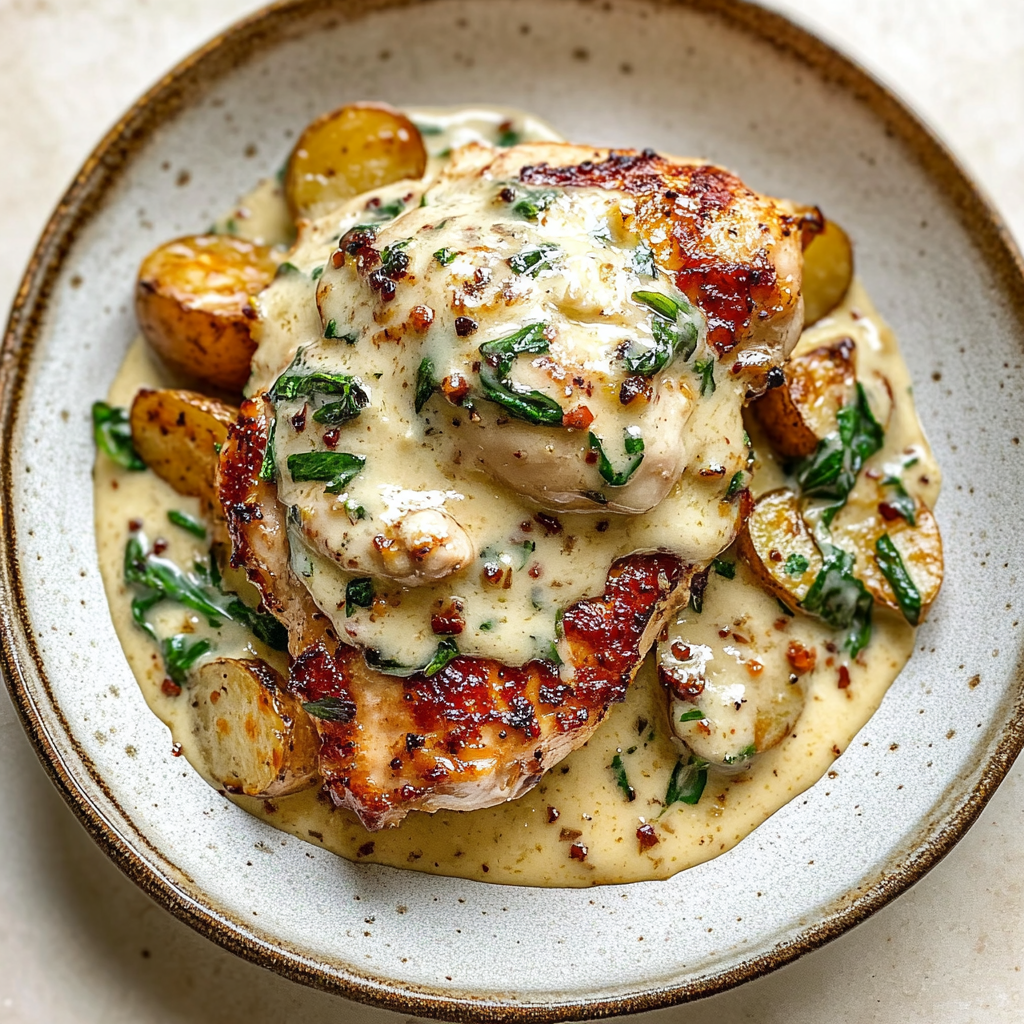 Creamy Garlic Tuscan Chicken with Parmesan Potatoes