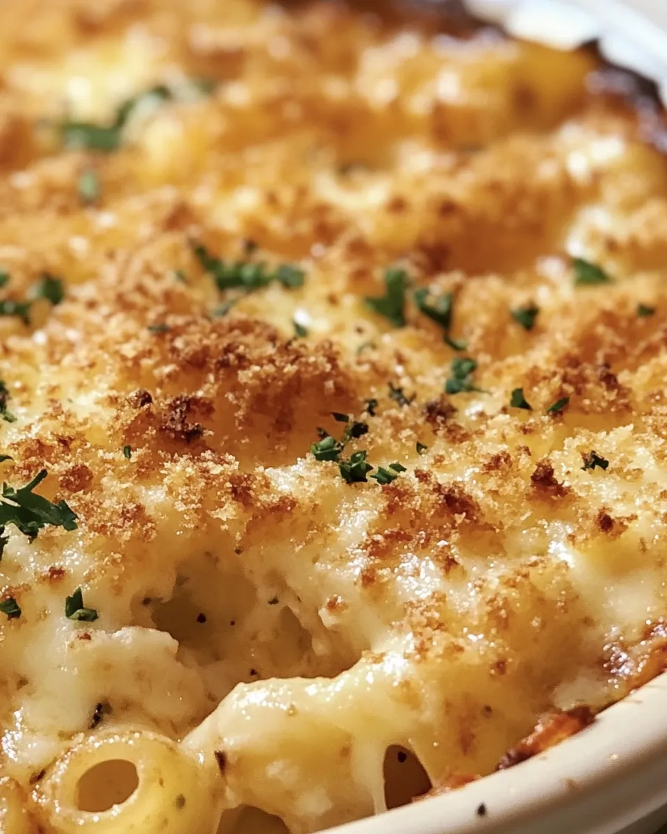 A close up of a baked casserole with cheese and herbs.