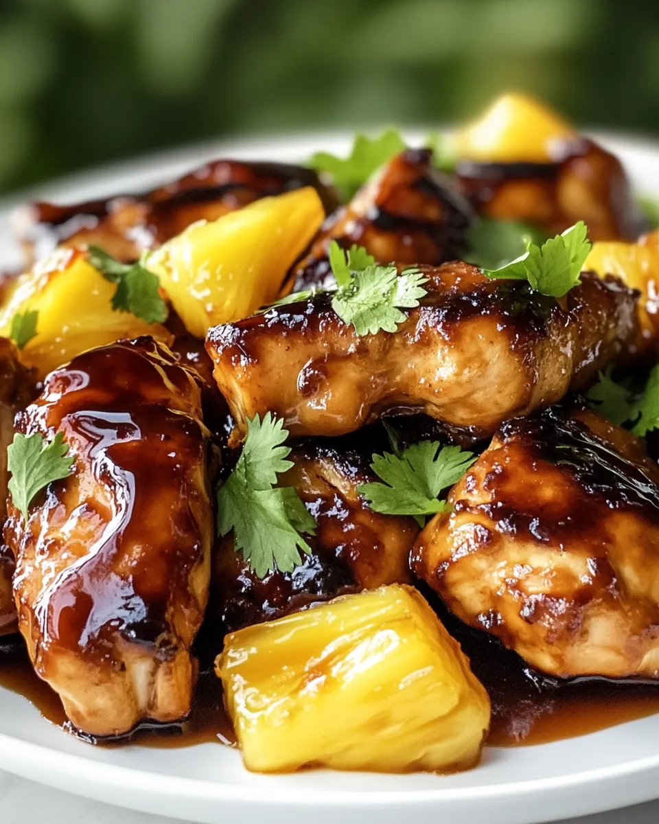 A plate of food with pineapple and chicken.