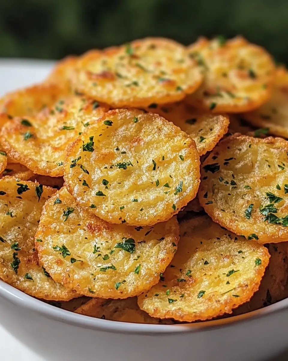 A bowl of potato chips with parsley on top.