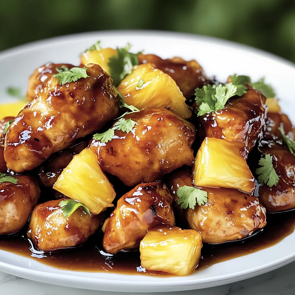 A plate of chicken with pineapple and green onions.