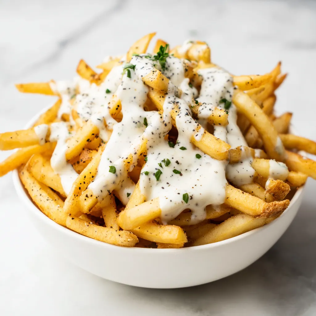 A bowl of french fries with cheese and herbs.