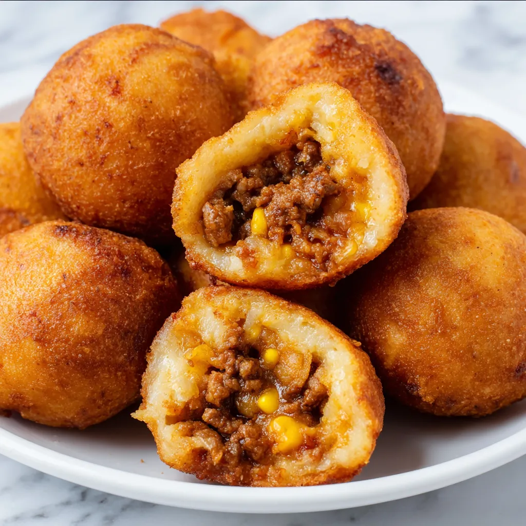 A plate of meat filled doughnuts.