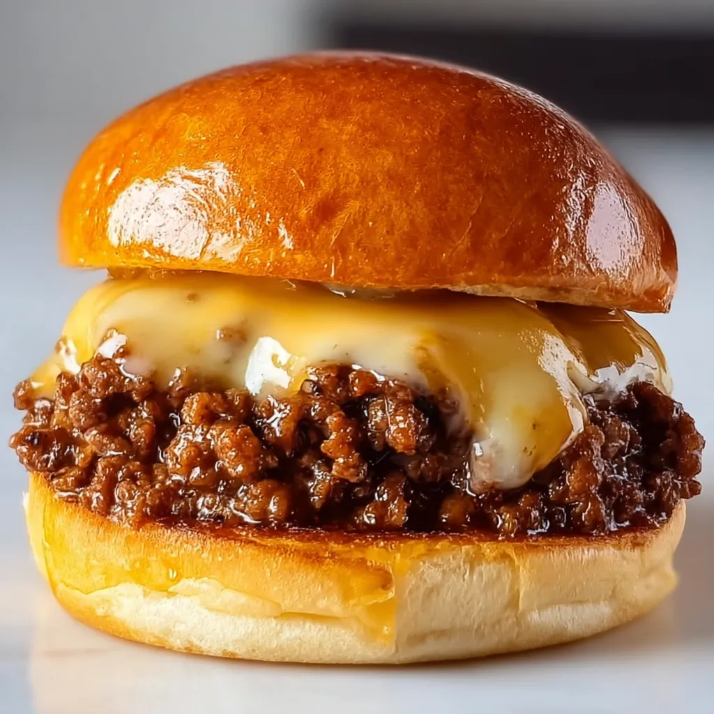 A close up of a burger with cheese and meat.