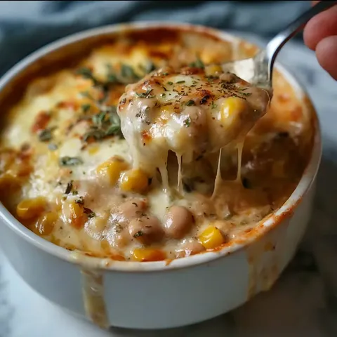 A spoon is in a bowl of food.