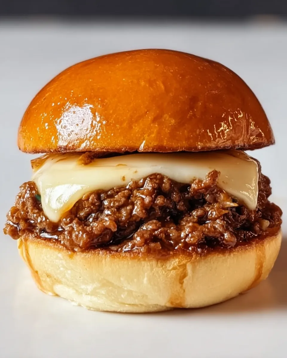 A close up of a burger with cheese and meat.