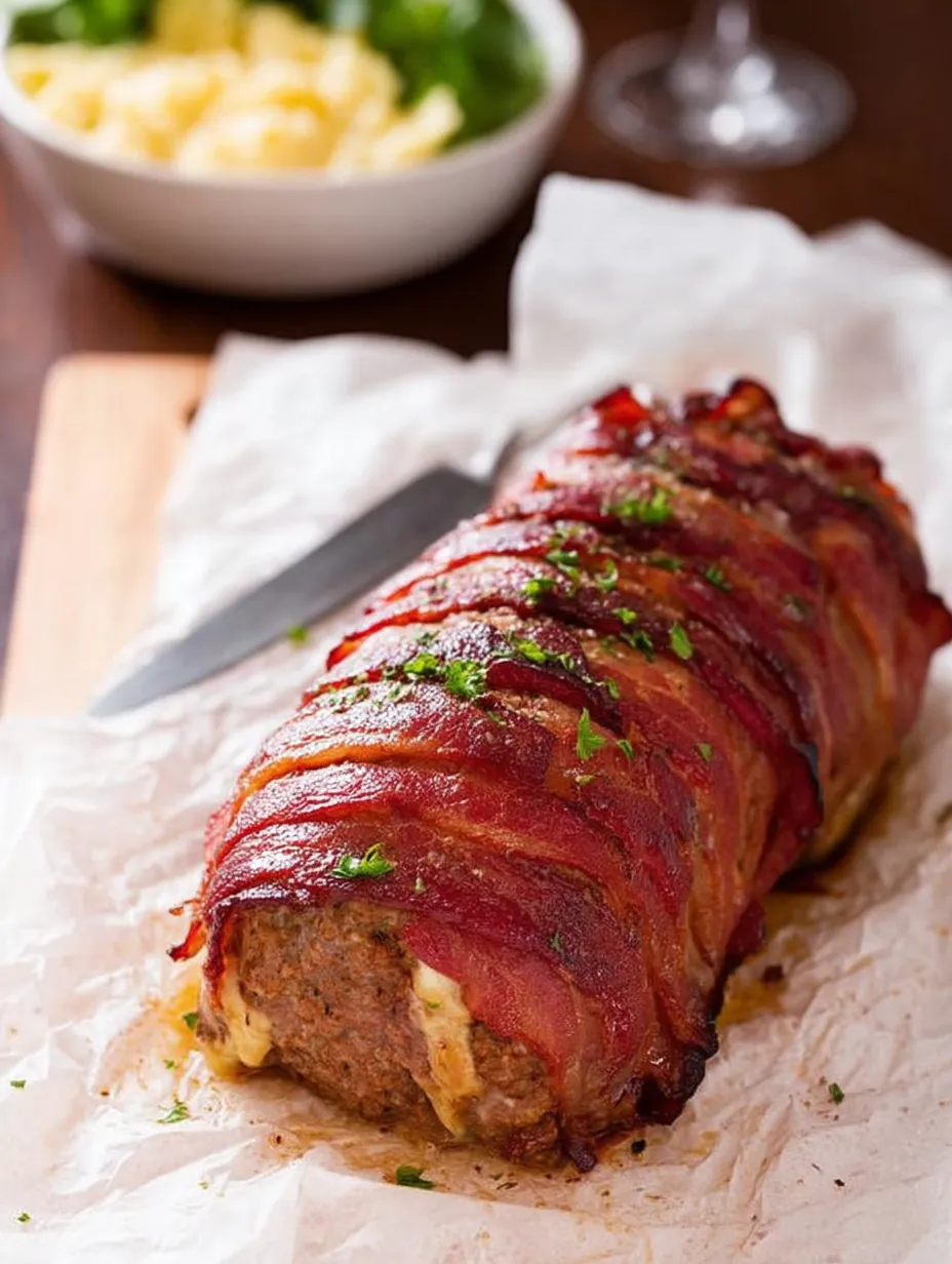 Mozzarella Stuffed Bacon Wrapped Meatloaf