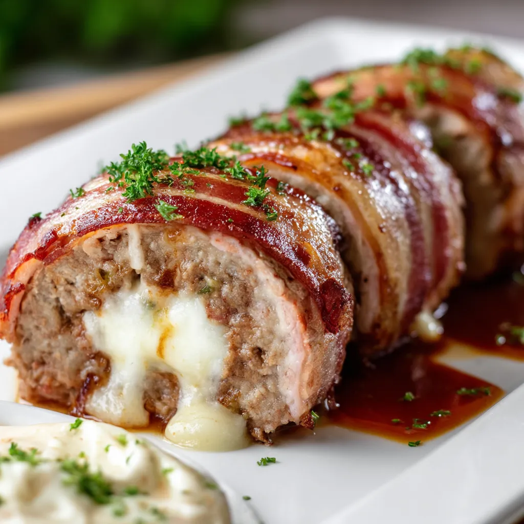 Mozzarella Stuffed Bacon Wrapped Meatloaf