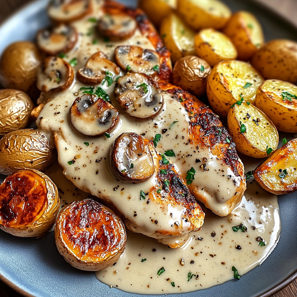 Greek Hot Honey Garlic Chicken Alfredo with Roasted Potatoes & Fig-Balsamic Mushroom Cream
