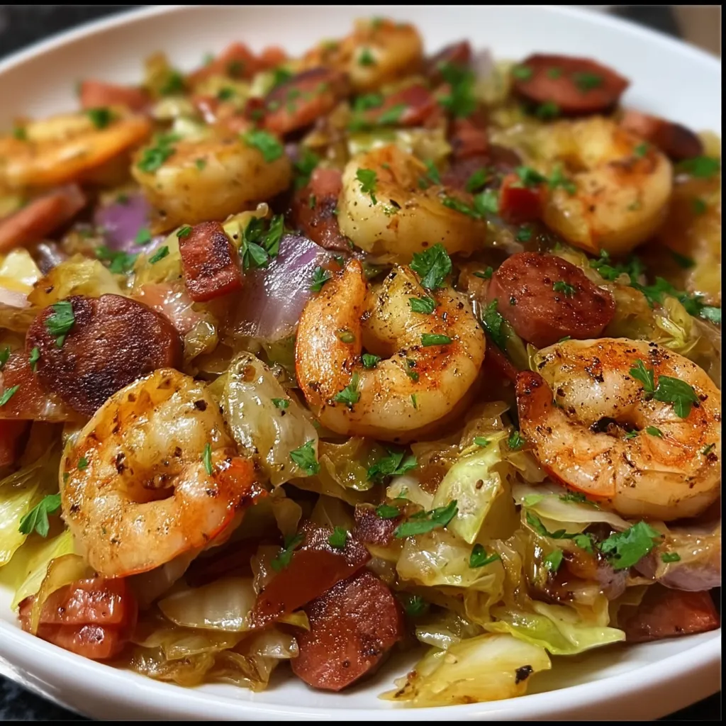 Fried Cabbage With Shrimp, Sausage And Bacon
