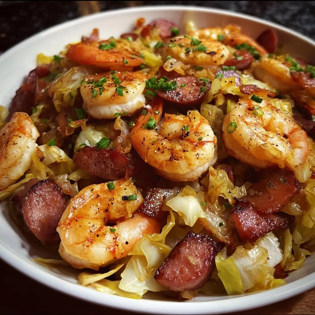 Fried Cabbage With Shrimp, Sausage And Bacon
