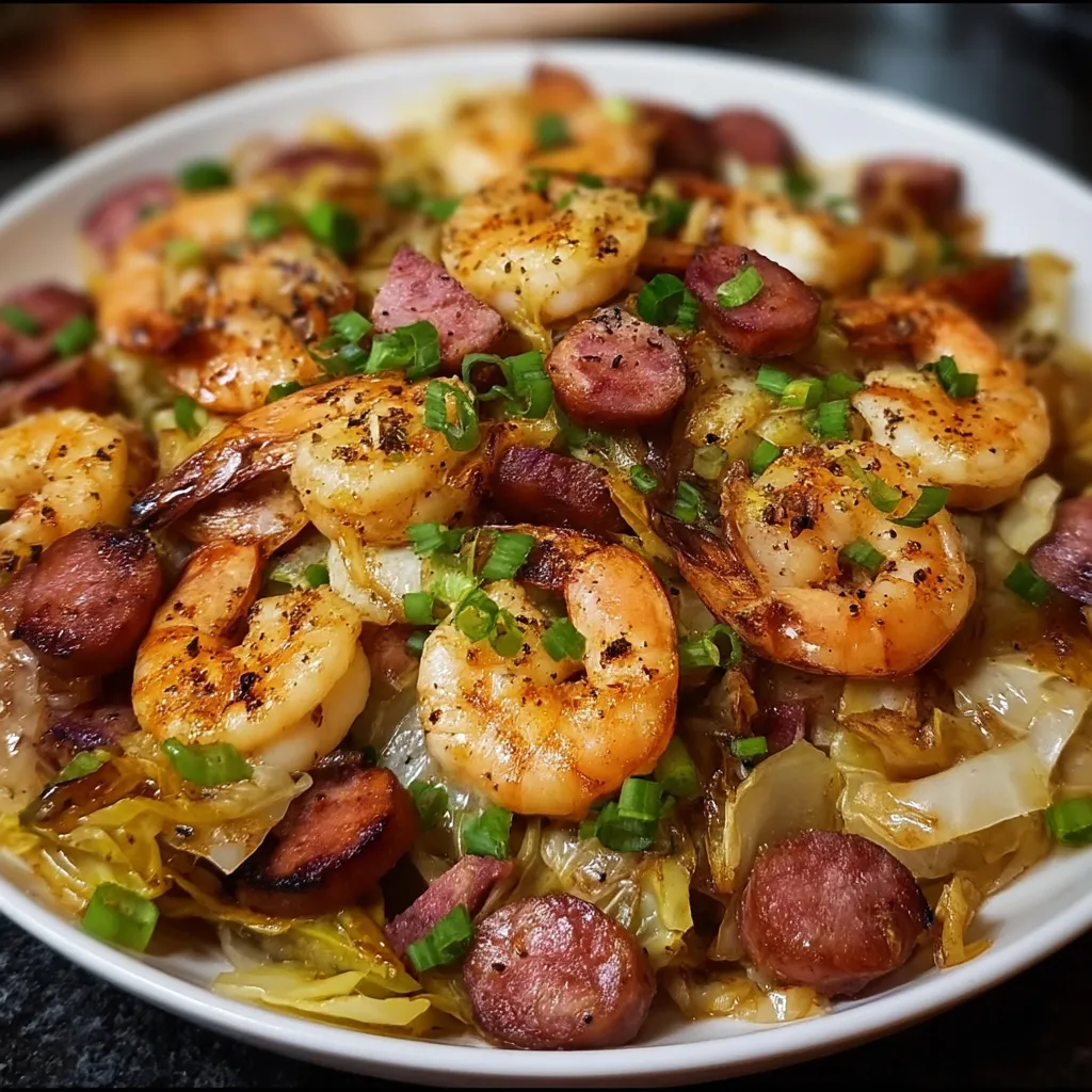 Fried Cabbage With Shrimp, Sausage And Bacon