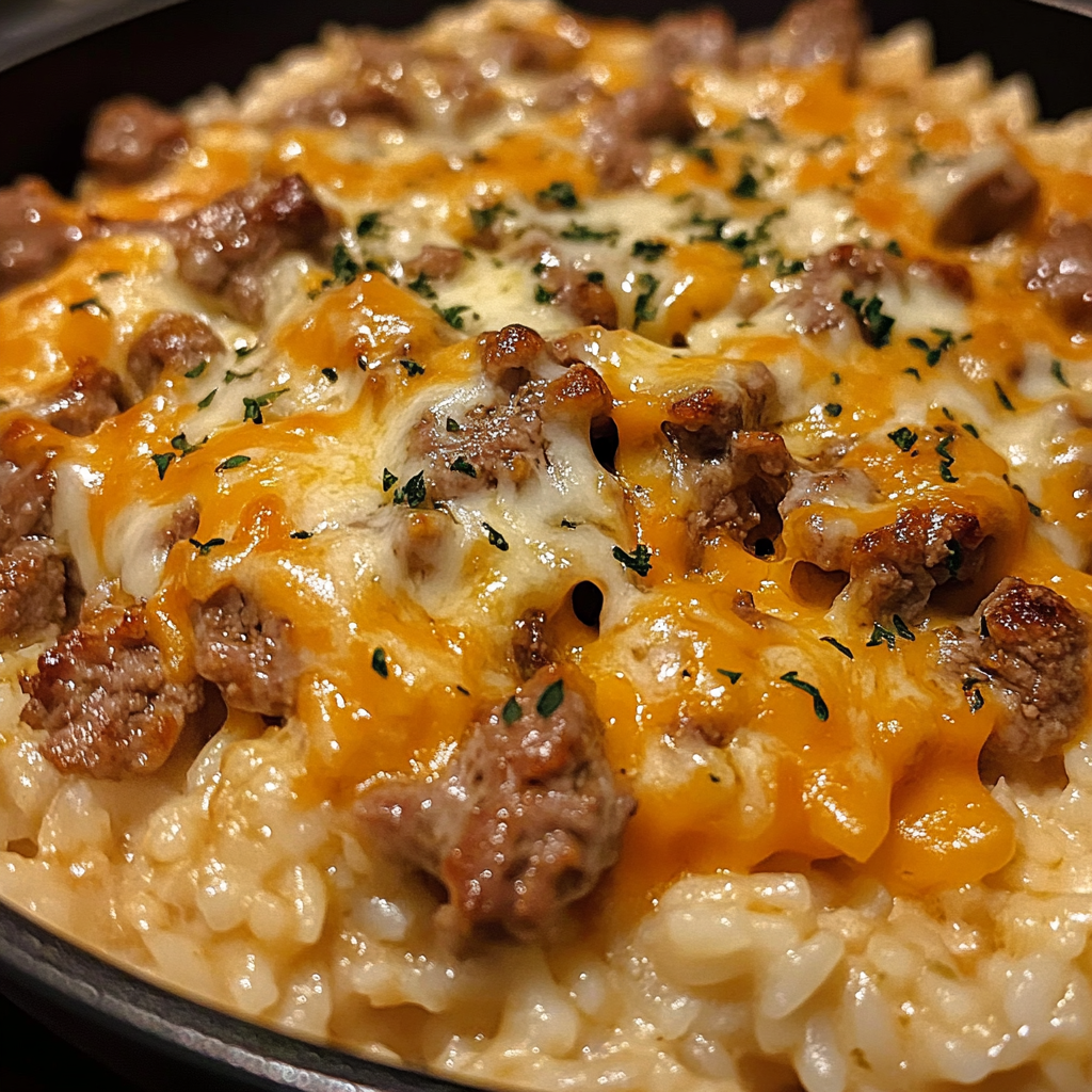 Garlic Butter Beef and Rice Skillet with Cheddar Parmesan Sauce