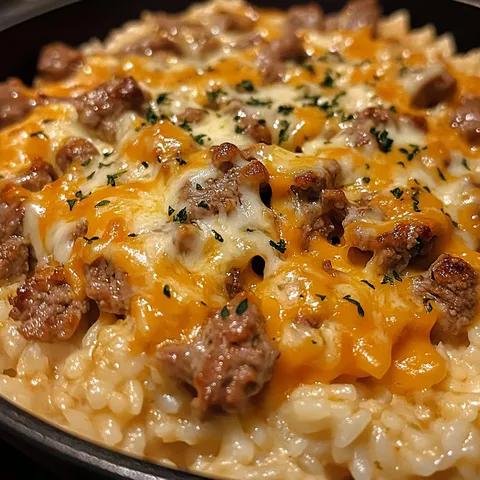 Garlic Butter Beef and Rice Skillet with Cheddar Parmesan Sauce