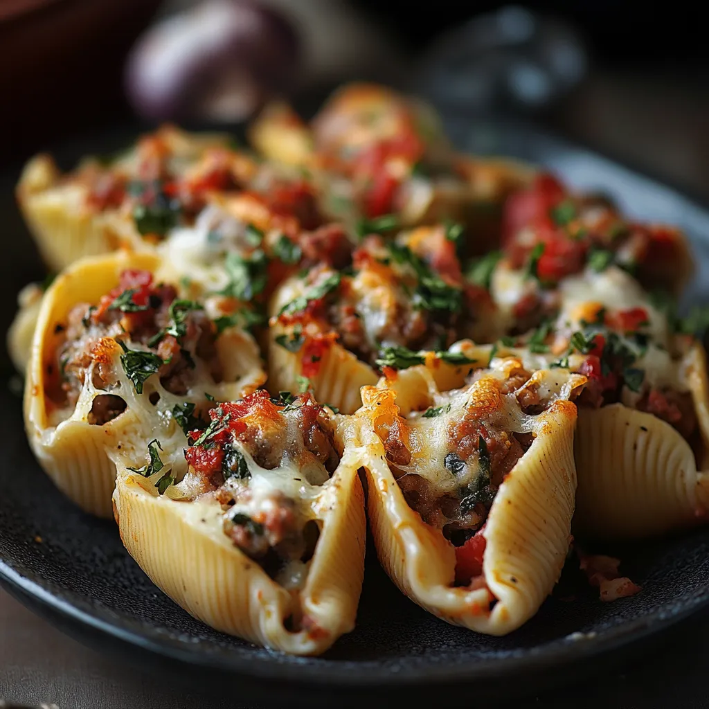 A plate of sausage stuffed shells.