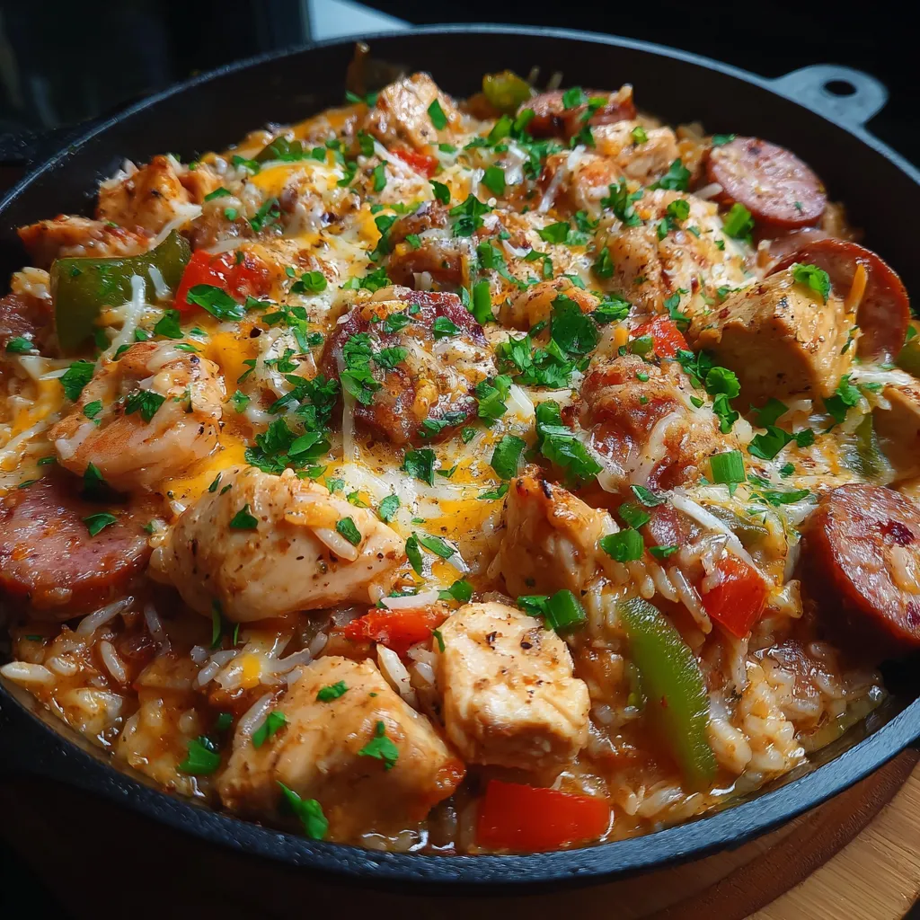 Loaded Cajun Chicken & Sausage Cheesy Rice Bake