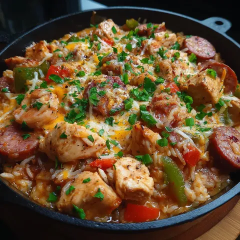 Loaded Cajun Chicken & Sausage Cheesy Rice Bake
