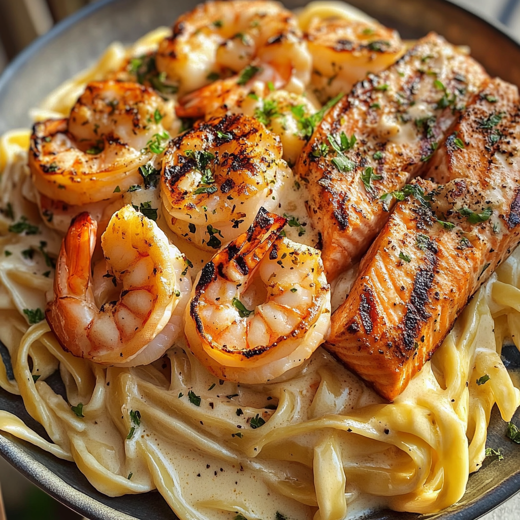 Grilled Salmon & Shrimp Fettuccine Alfredo