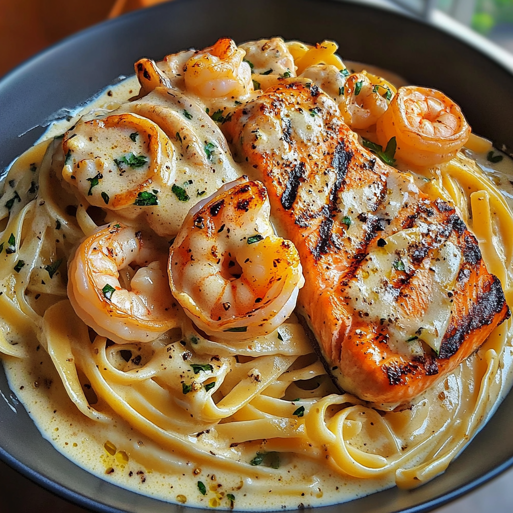 Grilled Salmon & Shrimp Fettuccine Alfredo