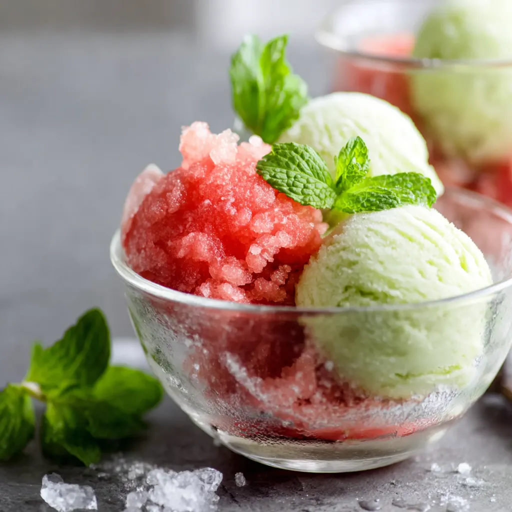 Fresh Mint Ice cream with Salted Watermelon Granita