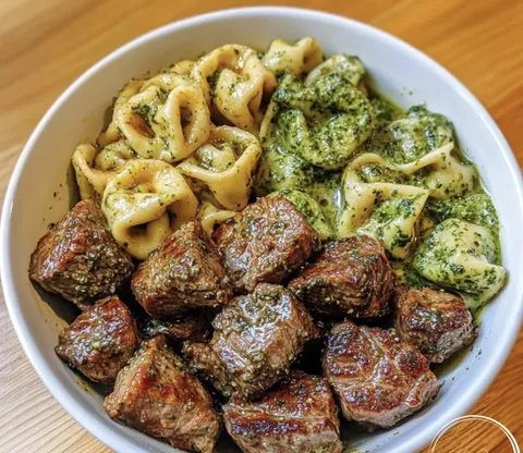 A bowl of pasta with meatballs.