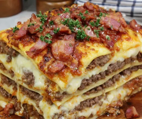 A stack of meat and cheese.