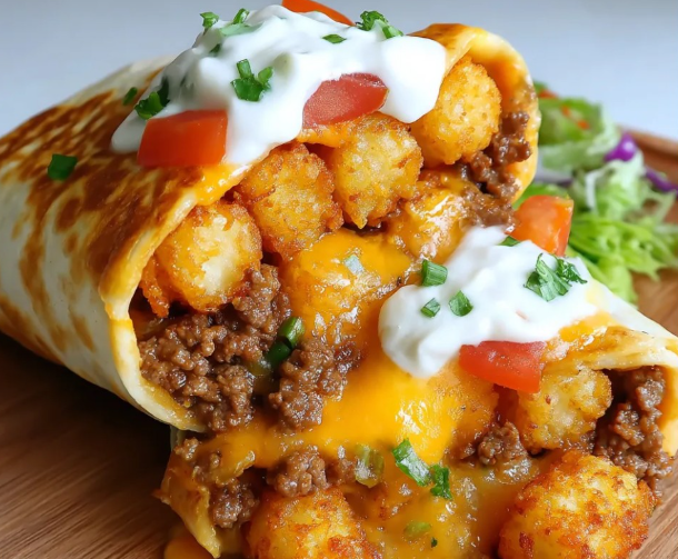 A burrito with cheese and tomatoes.