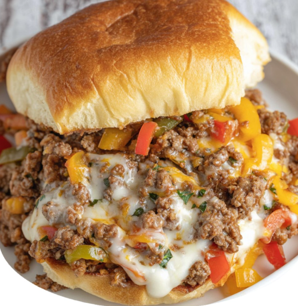 A sandwich with meat and cheese on a white plate.