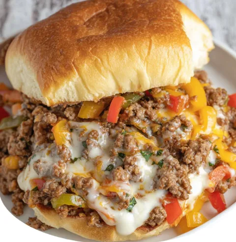 A sandwich with meat and cheese on a white plate.
