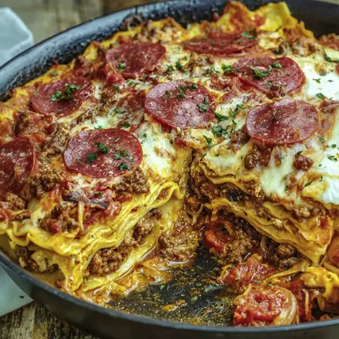 A pan of food with pepperoni and tomatoes.