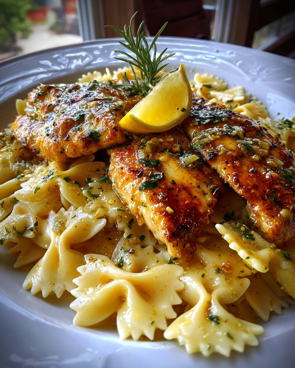 A plate of pasta with chicken and lemon.