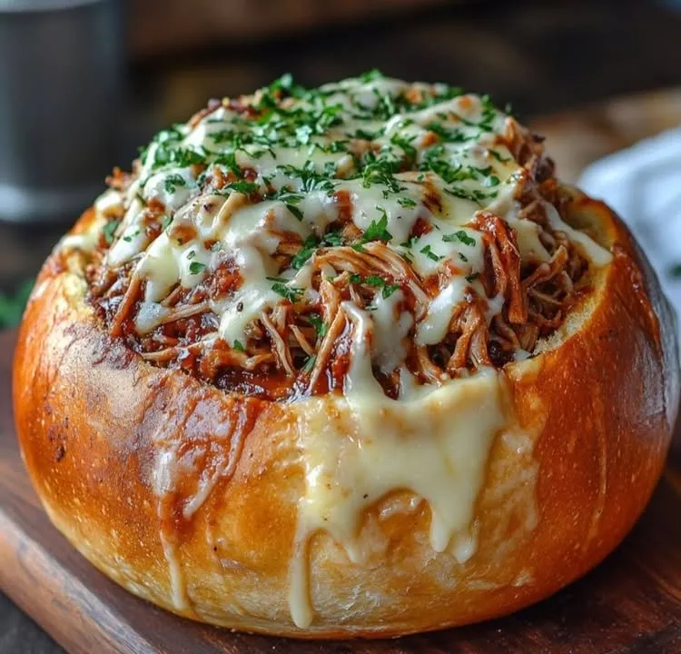 A bowl of food with cheese and meat.