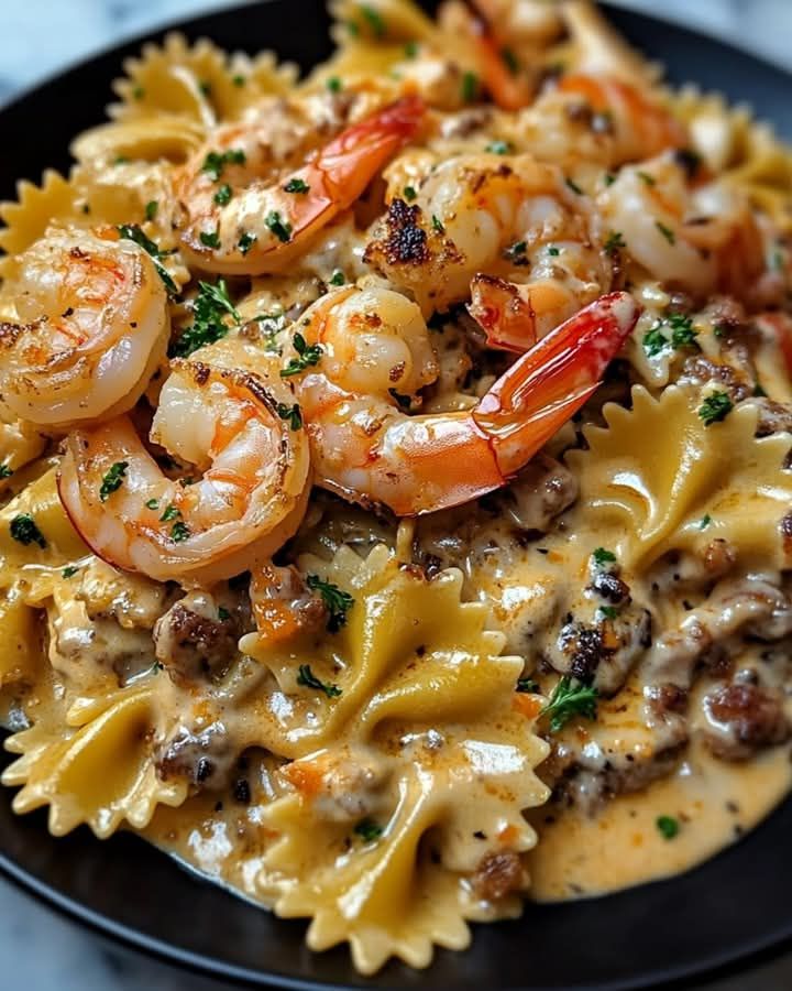 A bowl of shrimp and pasta.