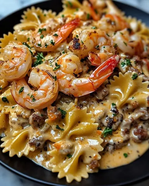 A bowl of shrimp and pasta.