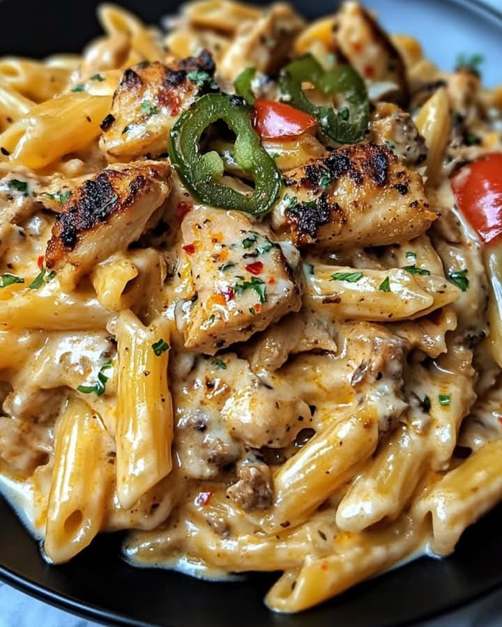 A plate of food with chicken, pasta, and peppers.