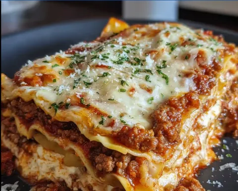 A plate of food with a slice of lasagna.