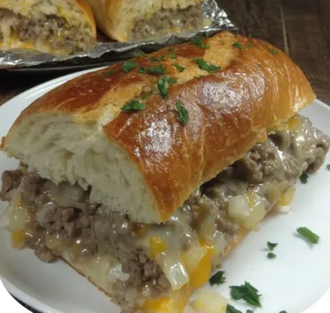 A sandwich with meat and cheese on a white plate.