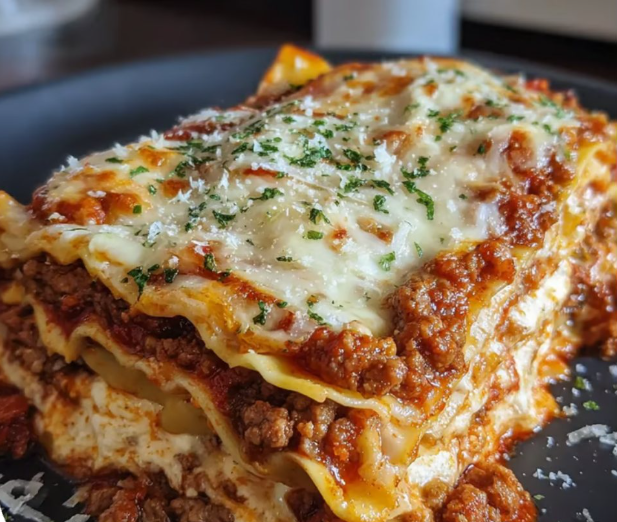 A plate of lasagna with cheese and sauce.