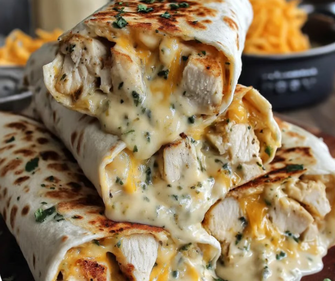 A stack of chicken wraps with cheese.
