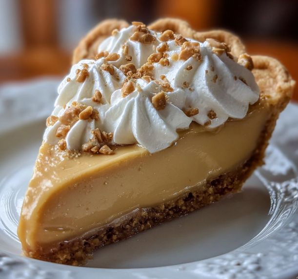 A slice of pie with whipped cream on top.