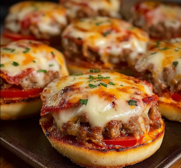 A plate of mini pizzas with cheese and tomato toppings.