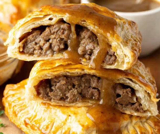 Two meat filled pastries with sauce on top.