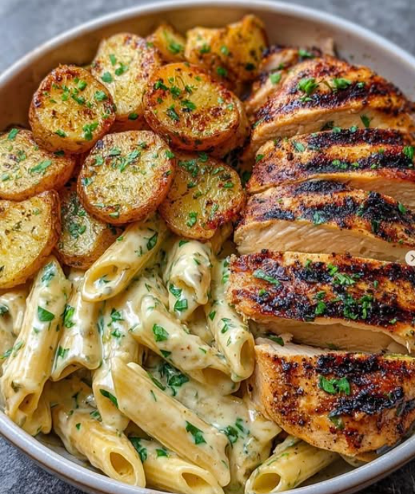 A bowl of pasta with chicken and potatoes.